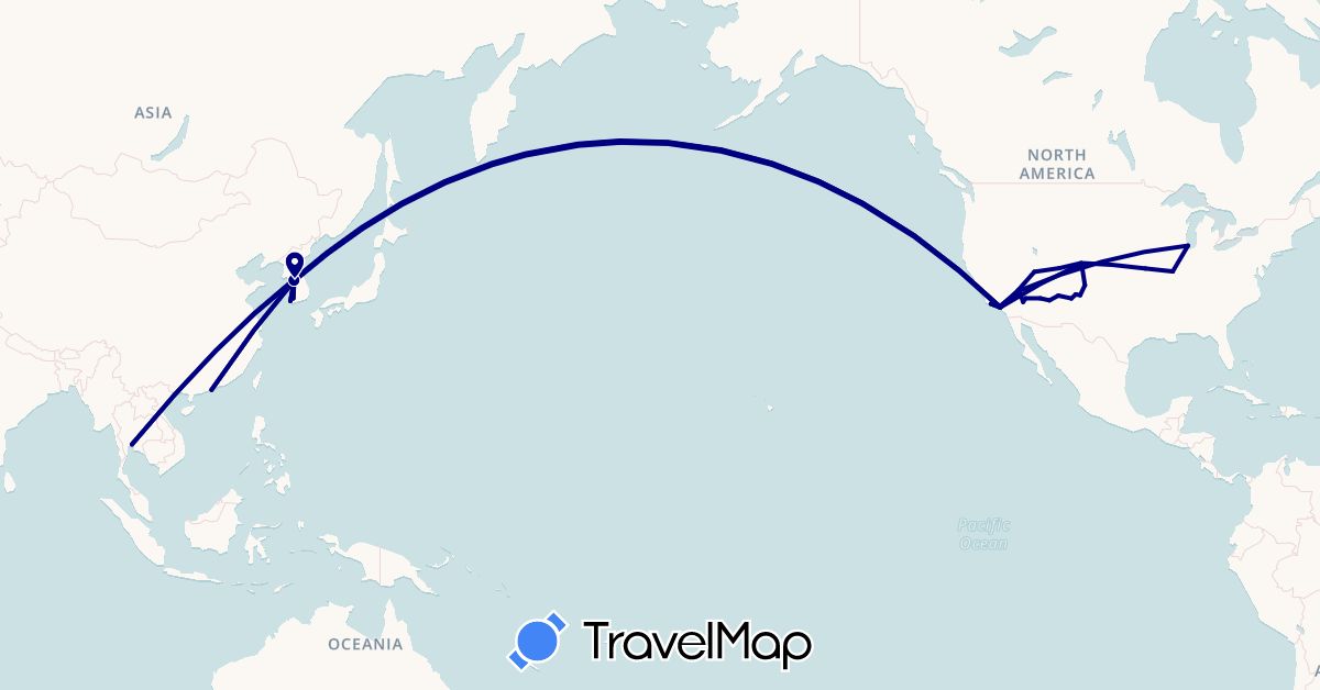 TravelMap itinerary: driving in South Korea, Macau, Thailand, United States (Asia, North America)